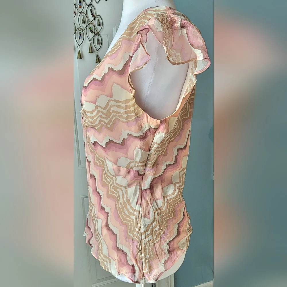 Y2K Vintage 100% Silk Babydoll Blouse Women's 8 Pink Tan Wavy Print Flutter Slee
